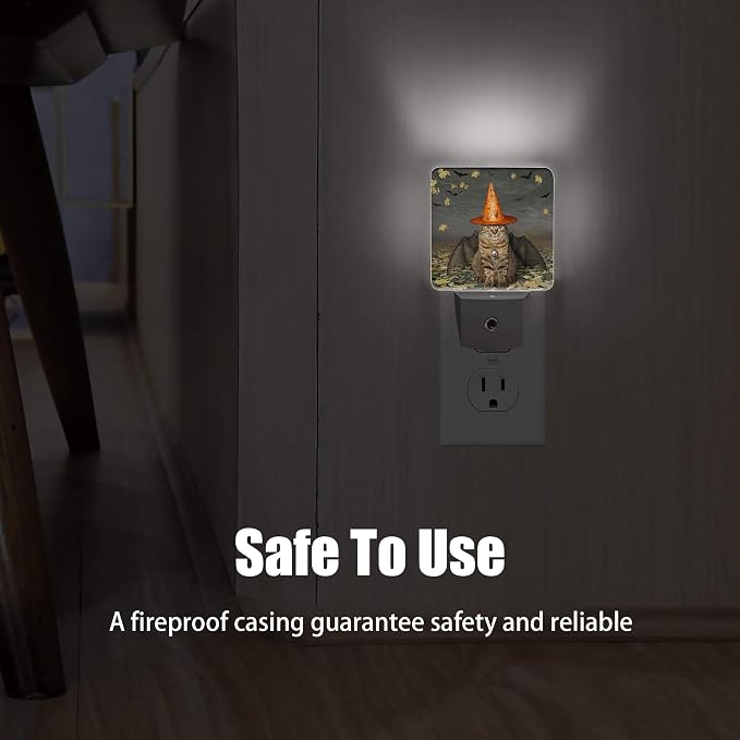 Halloween Decorations Cat Night Light, Bat Wings Plug into Wall with Dusk to Dawn Light Sensors, Warm Nightlights for Bedroom, Bathroom, Hallway, Kitchen, Gifts Ideal for Boys Girls Women Men
