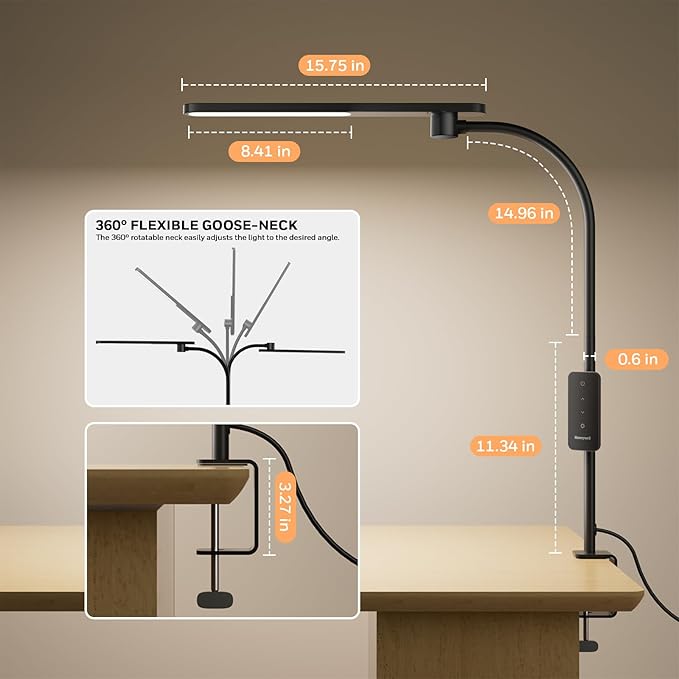 Honeywell HJ2 Gooseneck LED Desk Lamp with Clamp, CRI≥97 Full Spectrum Eye-Caring Light, 16" Flexible Metal Arm, 3-Color Dimming with Magnetic Remote for Home Office, Artists, Reading (Black)