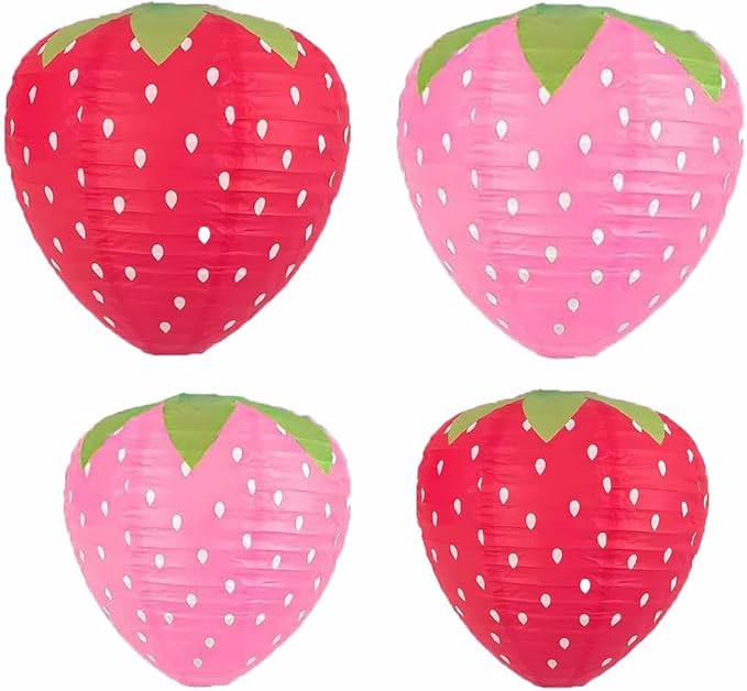 Strawberry Paper Lanterns, 8" & 12" Large Strawberry Hanging Lantern, Strawberry Hanging Decorations for Fruit Theme Birthday Party Decor(4 Pcs, Red & Pink)