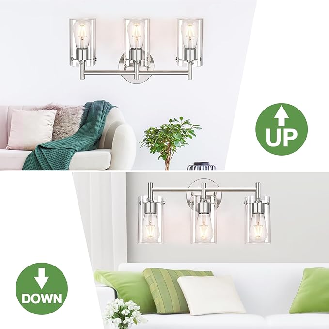 3-Light Brushed Nickel Bathroom Vanity Light Fixtures, Clear Glass Shade Wall Sconces for Mirror, Bedroom, Living Room, Hallway
