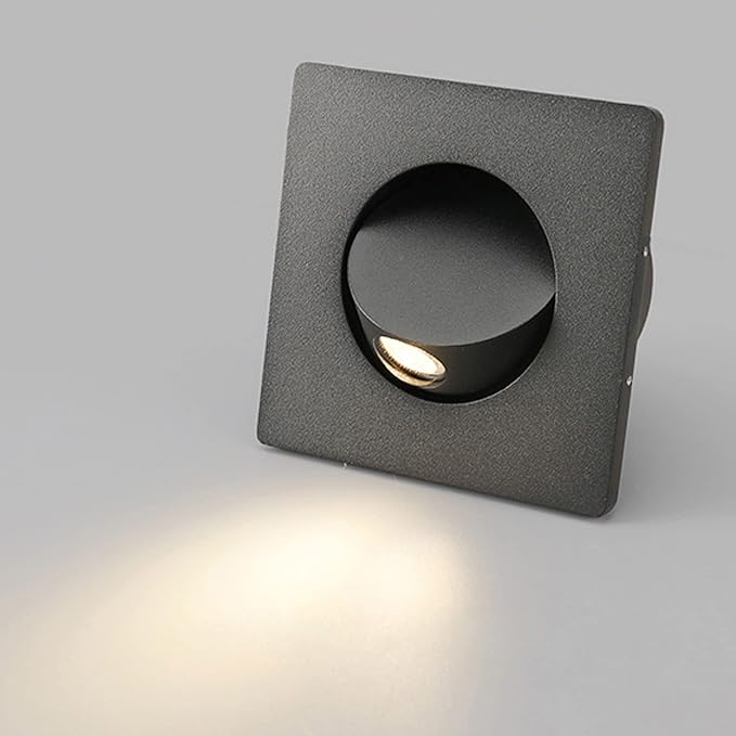 3W LED Wall Recessed Step Stair Lighting Bedside Reading Light Fixture Hidden On/Off Switch Adjustable Warm White Black Square
