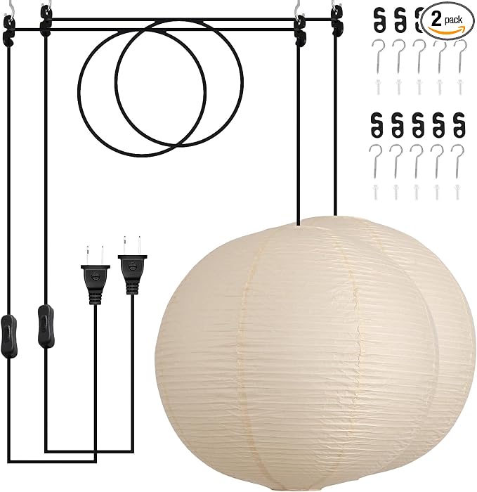 20in Paper Lanterns Plug in Hanging Lamp Off-White 19.7FT Cord | Rice Paper Lamp Lantern Pendant Light Large Globe Japanese Japandi Wabi Sabi Chandelier for Dining Living Room Bedroom 2 Pack