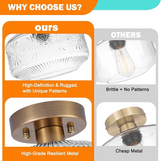 DSMJFU Semi Flush Mount Ceiling Light, Brass Thick Glass Fixture | Thick Glass Shade Creates Soft Warm Glow, Semi Flush Design Fits Low Ceilings, Ideal for Hallway Bedroom Bathroom Laundry