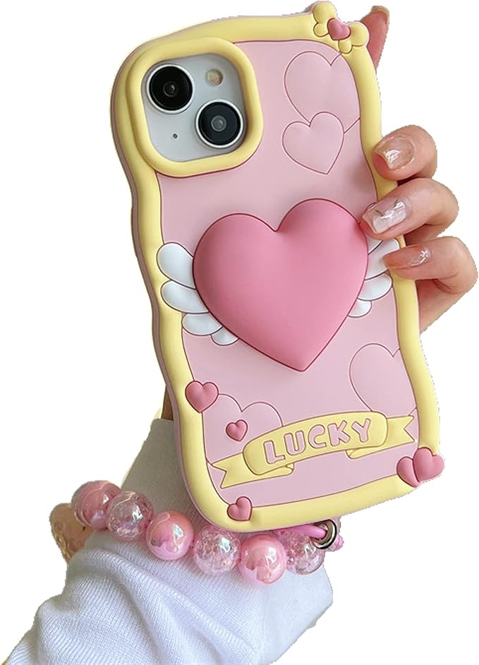 Kawaii Phone Case for iPhone 12 Pro with Bracelet Cute 3D Cartoon Lucky Love Silicone Protective Case Cover for Women & Girl