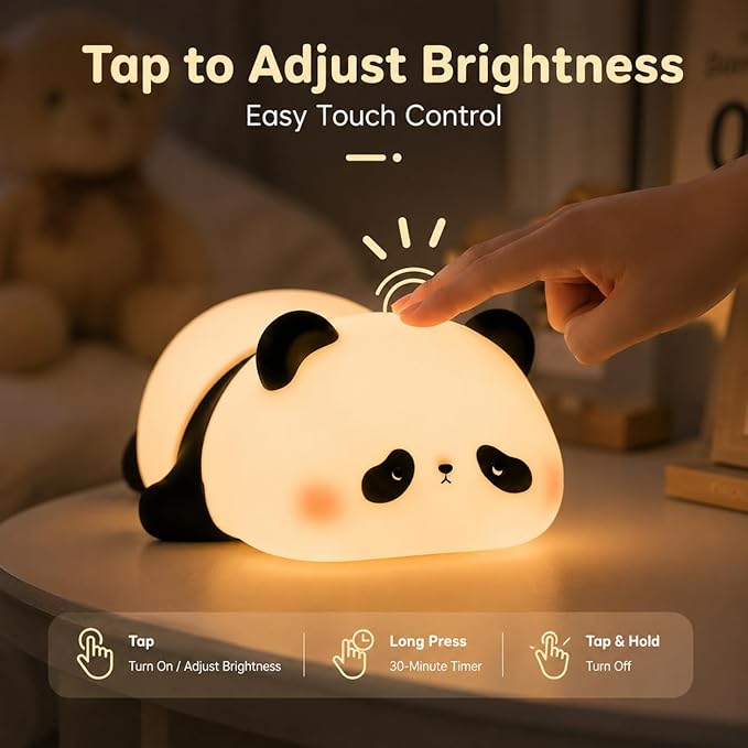 Cute Panda Night Light for Kids, Silicone Baby Squishy Lamp, 3-Level Dimmable Nursery Light for Bedroom, Rechargeable Portable Lamp, Desk Decor Birthday Christmas White Elephant Gift
