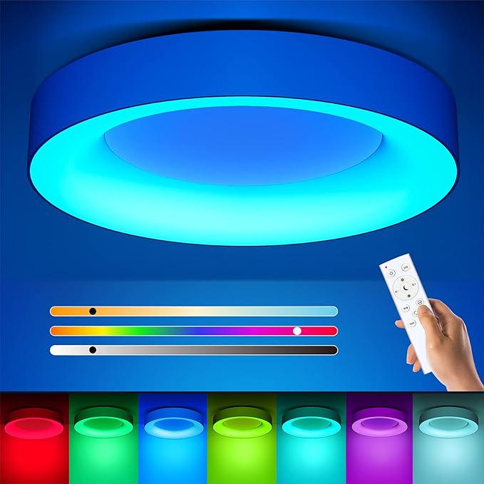 RGB Flush Mount Ceiling Light with Remote Control, 2400LM Dimmable Ceiling Light Fixture, 3000K-6500K Modern Low Profile Ceiling Lights for Bedroom Kids Room, 11in White