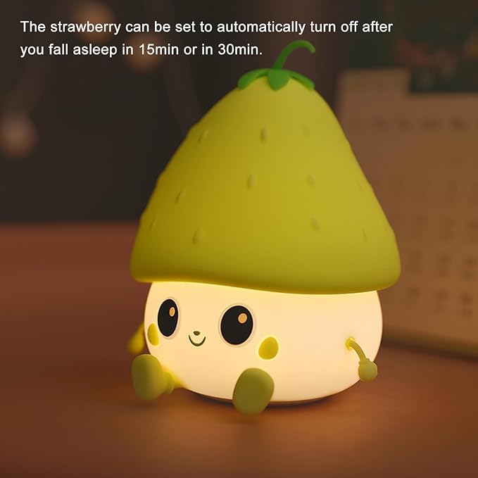 Green Strawberry Night Light, Cute Fruit Night Lamp for Kids Bedroom USB Rechargeable Lamps 2 Brightness Levels, Nursery Bedside Delay-off Nightlight for Baby Boys Girls Birthday Christmas
