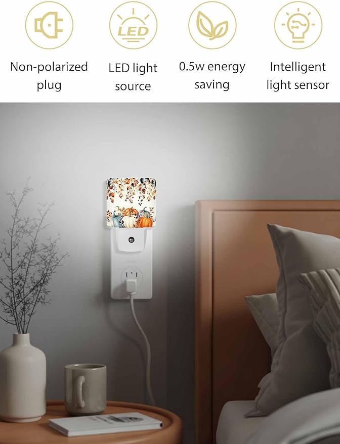 Fall Night Lights Plug into Wall LED Night Light Thanksgiving Watercolor Pumpkin Leaf Vintage Automatic Dimmable Dusk-to-Dawn Square Shaped Smart Nightlight for Bathroom/Bedroom