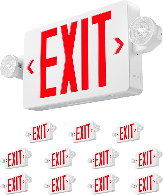 Amico 12 Pack Red Exit Sign with Multi-Angle LED Emergency Lights | ETL Listed, Wall & Ceiling Dual Mount, Hard Wired 120/277V AC, 90 Min Backup, 94V-0 Fire Resistant Plastic Housing