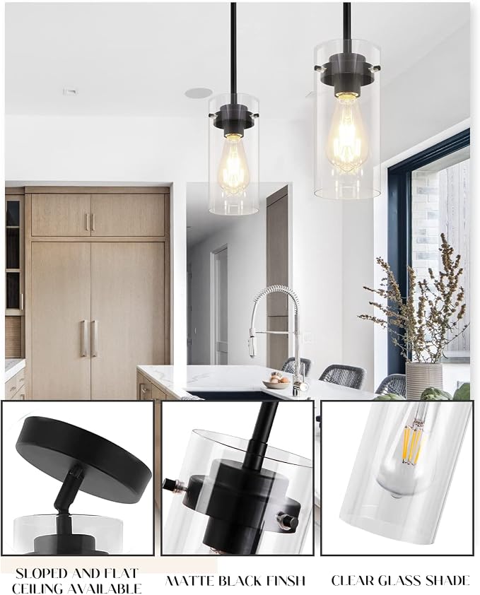 EAPUDUN Pendant Lights Kitchen Island (3 Pack), Clear Glass Shade Kitchen Lighting fixtures Ceiling Hanging, Black Pendant Lights for Kitchen Island,Dining Room,Corridor Bedroom E26 Base