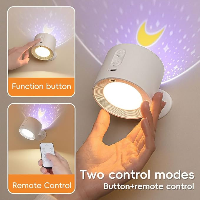 LED Wall Mount Light with Projection Rechargeable Wall Light, 3 Color Temperatures, Remote Control and Touch, 360° Rotating Dimmable Cordless Wall Light for Study Bedroom Reading Bedside (white)