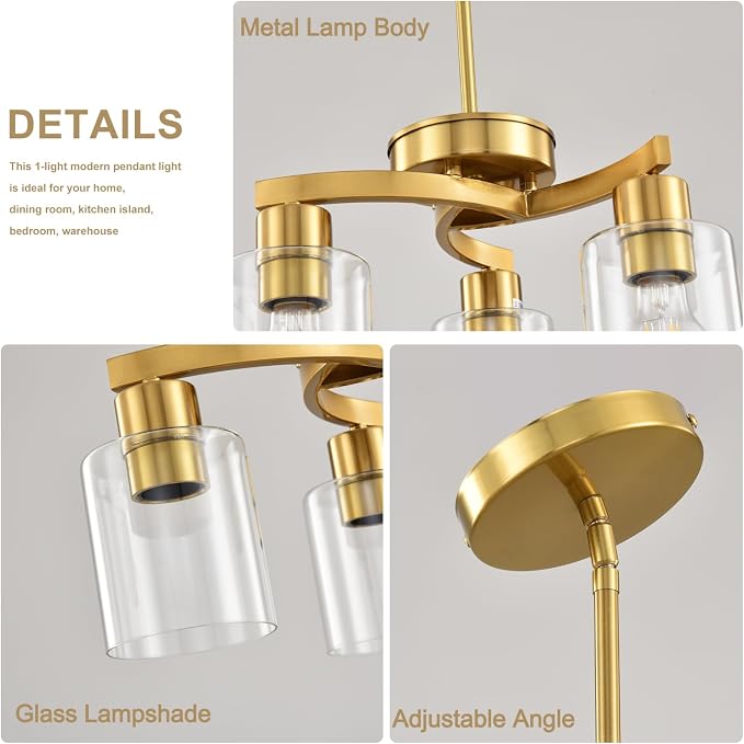 3 Light Brass Gold Dining Room Chandelier, Modern Industrial Pendant Light for Kitchen Island, Adjustable Height Hanging Ceiling Light Fixture with Clear Glass Shades,E26 Base,Dimmable