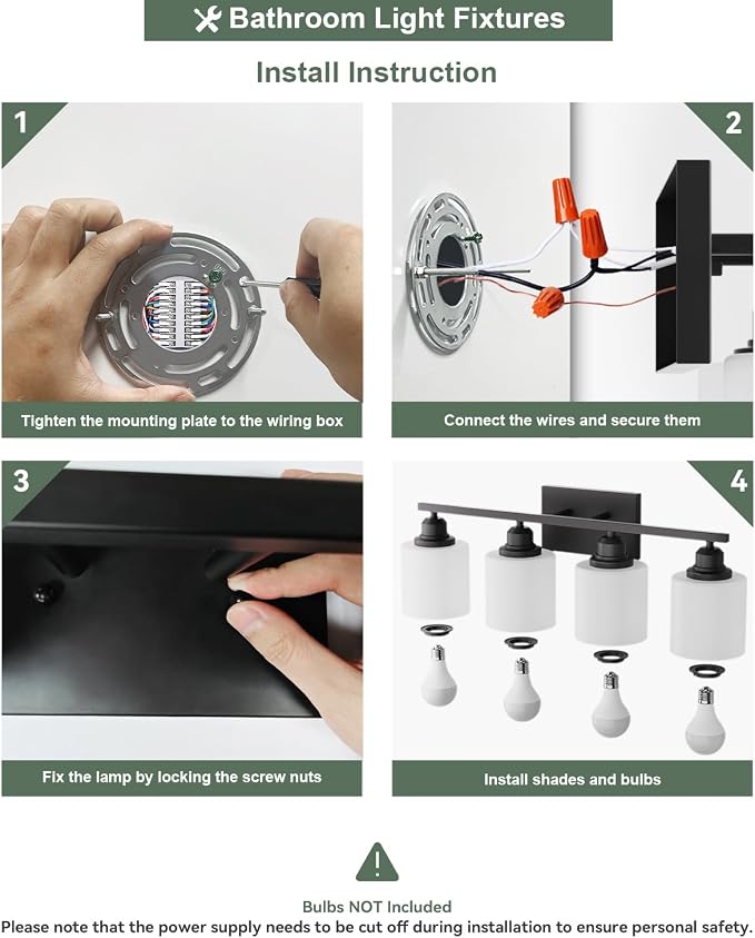Vanity Light Fixtures, Matte Black, Over Mirror, Modern Bathroom Light, Anti-Rust Nickel Finished, 4-Light, E26 Standard Sockets, Easy Installation, 24 Months Replacement