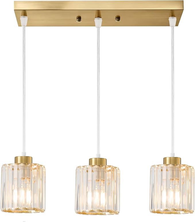 3-Light Pendant Light Fixtures with Gold Strip Glass, Gold Hanging Light Fixture for Ceiling, Adjustable Kitchen Island Light for Dinning Room