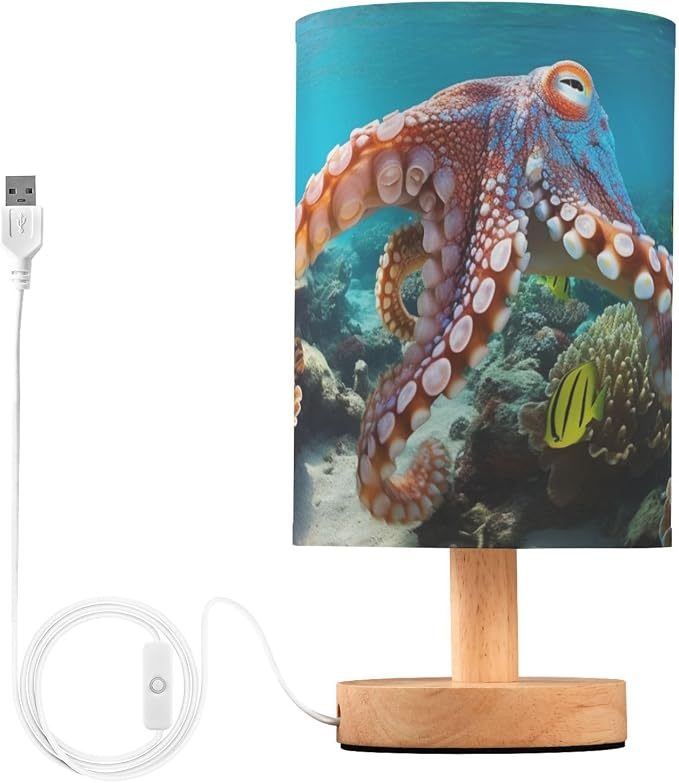 Fustylead Deep Sea Octopus Table Lamp for Bedroom USB Port Lamps Small Accent Table Lamp Nightstand Lamp Sturdy Linen Shade Wooden Base Decorative Lamps for Bedside Reading|Kids|Dorm|Home