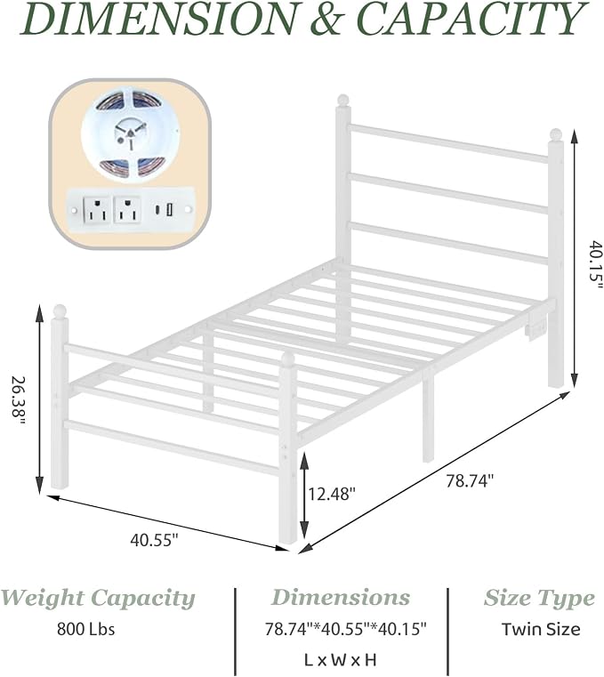 Jenmit Twin Size Bed Frames with Charging Ports&LED Lights,Heavy Duty Metal Slats Support,No Box Spring Needed,Noise Free,No Squeak,Easy Assembly,for Girls Kids,White