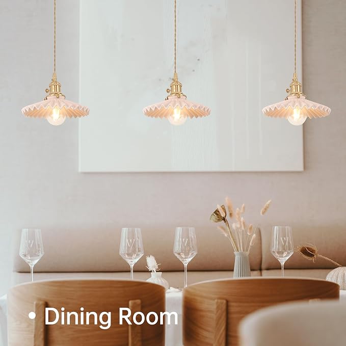 Shenmoyl Pendant Light with Pink Pleated Ceramic Lmapshade, Brass Vintage Pendant Light Adjustable Hanging Light for Kitchen Island Dining Room Hallway