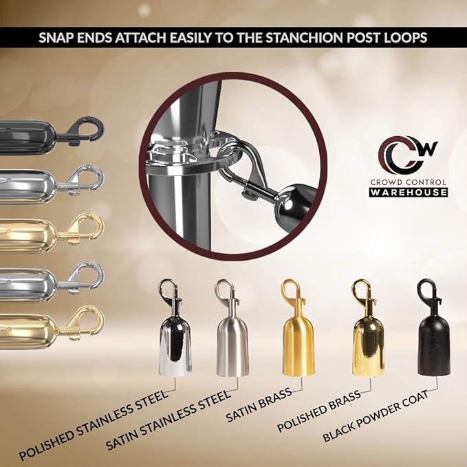 Montour Line Velvet Hanging Stanchion Rope Foam Core, 8 Foot Black Rope with Polished Stainless Steel Snap Ends