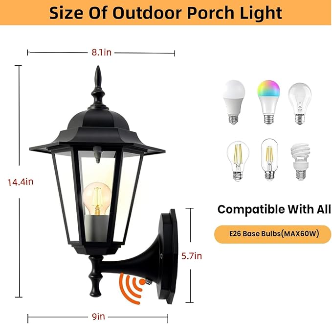 14.4"H Dusk to Dawn Outdoor Wall Light, Black Exterior Garage Lighting Fixtures, Outdoor Porch Light Wall Mount, Modern Outside Wall Lantern Sconce Sensor Dusk Dawn Light for House, 1 Pack, E26 Base