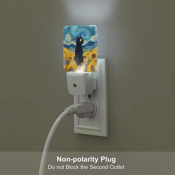 Black Cat Night Light Set of 2, Retro Sunflowers Auto Sensor LED Dusk-to-Dawn Nightlights, Plug-in Sensor Lamp for Bedroom Bathroom Kitchen Hallway Stairs Decorative