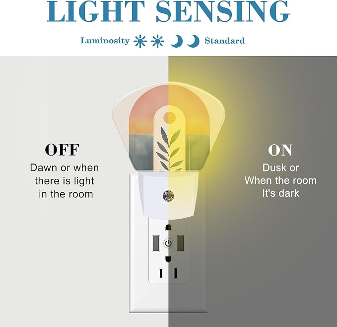 Abstract Art Boho Sun Night Light Plug into Wall, Bohemian Line Leaves Night Light with Dusk to Dawn Sensor for Kid Girls Boys Women Men Room, Hallway, Kitchen, Bathroom, Stairs Decor