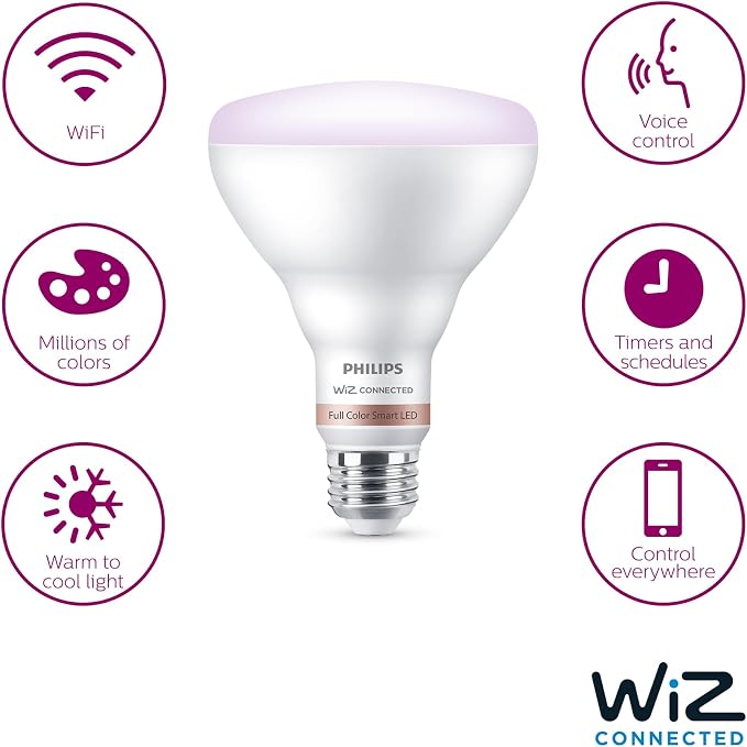 PHILIPS Smart 65W BR30 Color LED Smart Bulb 4-Pack -E26- Indoor - Connects to Your Existing Wi-Fi - Control with Voice or App + Activate with Motion - Matter Compatible