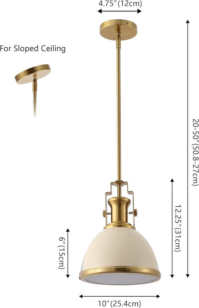 JONATHAN Y Homer Industrial Dome Pendant 10", Almond/Brass Gold | 1-Light, Farmhouse Style, Adjustable Hanging Height, Glass Diffuser, Sloped Ceiling Compatible, Metal, LED Bulb Included