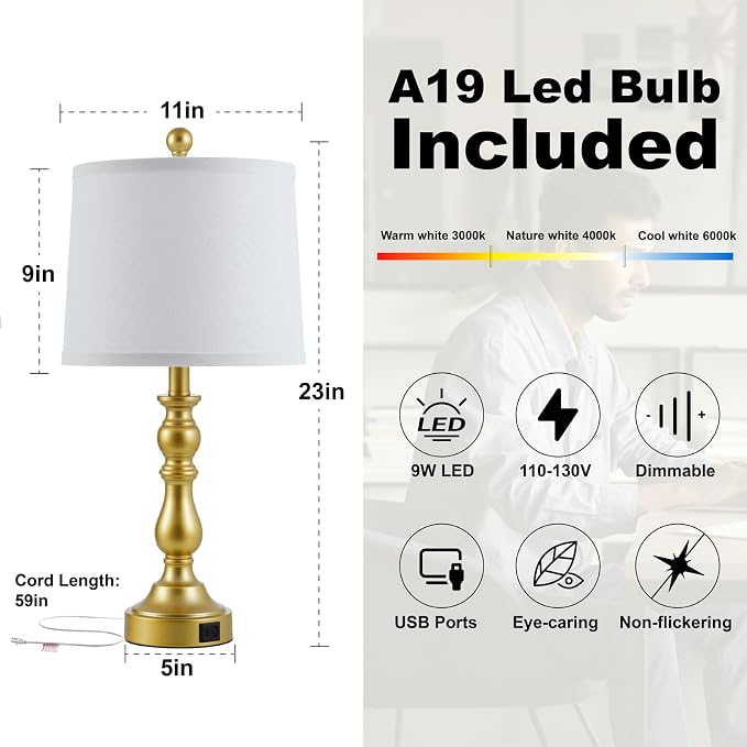 Farmhouse Side Table Lamps for Living Room Set of 2 with USB C+A Ports, Bedside Lamp for Bedroom, Dining Room Decor, Office, End Table, Knob Switch, 3 Color Temperatures, Bulb Included, Gold