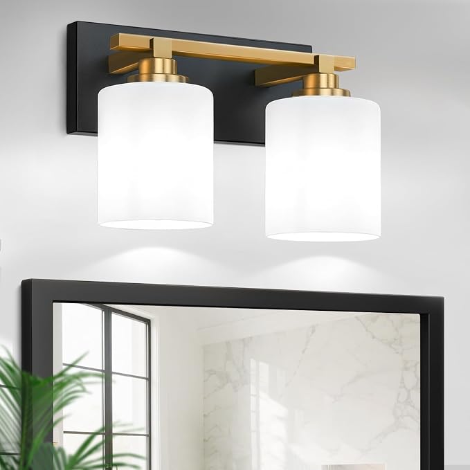 Black and Gold Bathroom Light Fixture, Modern 2 Light Vanity Lights for Bathroom Lighting Fixtures Over Mirror, White Glass Lampshade, Master & Guest bathrooms Bathroom Remodel, 14-inch