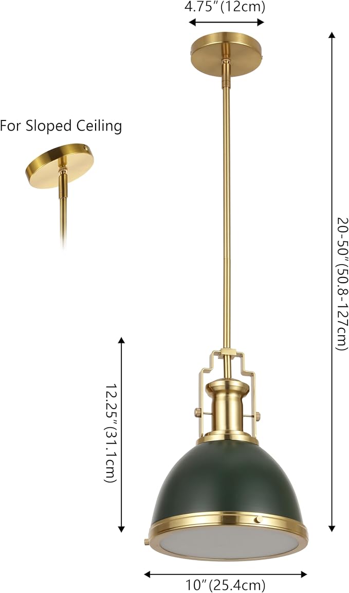 JONATHAN Y Homer Industrial Dome Pendant 10", Kombu Green/Brass Gold | 1-Light, Farmhouse Style, Adjustable Hanging Height, Glass Diffuser, Sloped Ceiling Compatible, Metal, LED Bulb Included