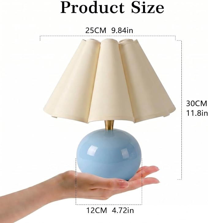 Small Bedside Table Lamp, 11.8'' Ceramic Stepless Dimmable Lamp (Blue) | with scalloped fabric shade for nightstand & living room. Perfect for quiet nights to create a cozy, relaxing atmosphere