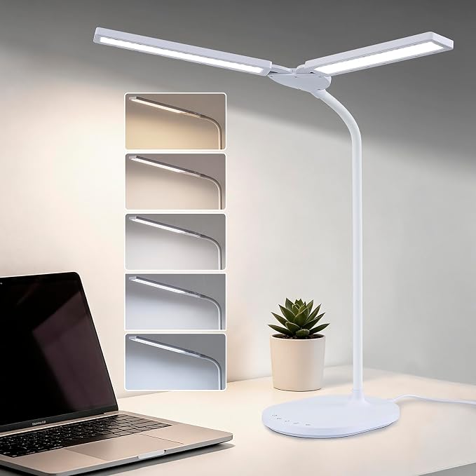 LED Desk Lamp, 2400 Lux Bright Desk Lamp for Home Office, Dual Head Adjustable Desk Lamp with 5 Color Modes, Stepless Dimming, 360° Gooseneck, Auto Timer, Eye Caring Task Light