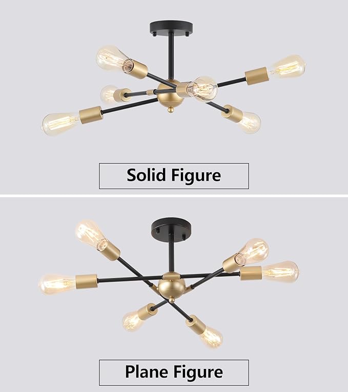 Modern Semi Flush Mount Ceiling Light Fixture Black and Gold Close to Ceiling Light 6-Light Sputnik Chandelier Light Fixture for Hallway Entryway Bedroom Kitchen Dining Room UL Listed