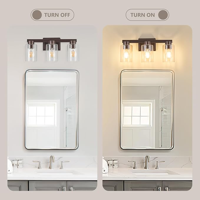 3-Light Bathroom Light Fixtures with Clear Glass, Oil Rubbed Bronze | Vanity Lights, Modern Wall Sconces, Over Mirror for Bathroom, Powder Room, Living Room