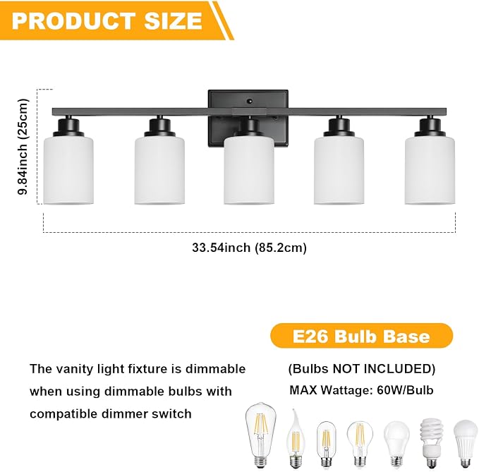 5-Light Bathroom Light Fixtures, Modern Black Vanity Light Over Mirror, Wall Sconces with Milky White Glass Shades for Living Room Bedroom Hallway E26 Base