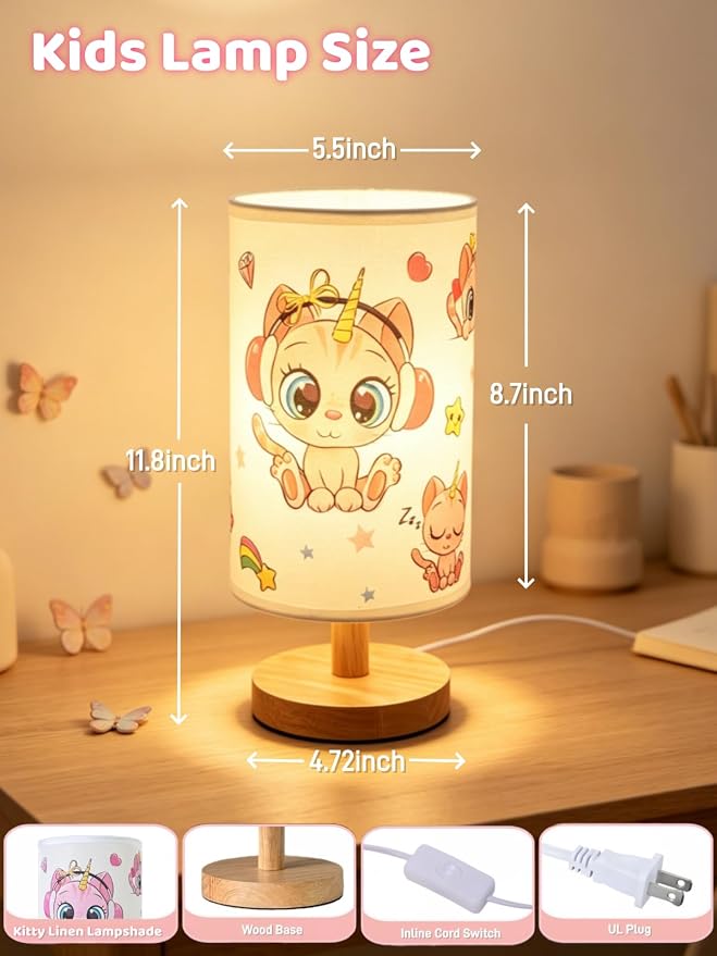 Cat Lamp,Kitty Gifts for Girl,Kids Table Lamp for Bedroom Bedside Lamps,3 Colors Dimmable LED Nightstand Night Light with Flaxen Fabric Shade Desk Lamp for Boys Girls Room Nurser Decor