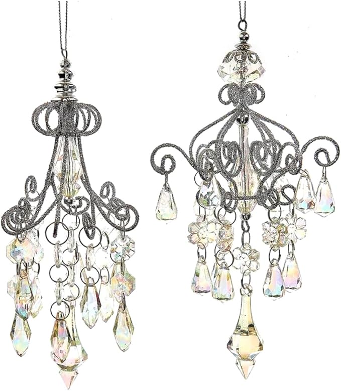 The Bridge Collection Set of 2 Opalescent Chandelier with Faux Gemstones Ornaments - 6" Elegant Sparkling Chandeliers with Faux Crystals Christmas Ornaments