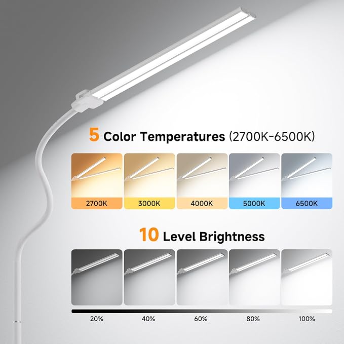 Dual-head LED Floor Lamp 20W 1400LM Adjustable Neck Bright Light White | Adjustable Brightness & Color Temperature, Modern Corner Tall Standing Lamp for Living Room Office Bedroom Reading