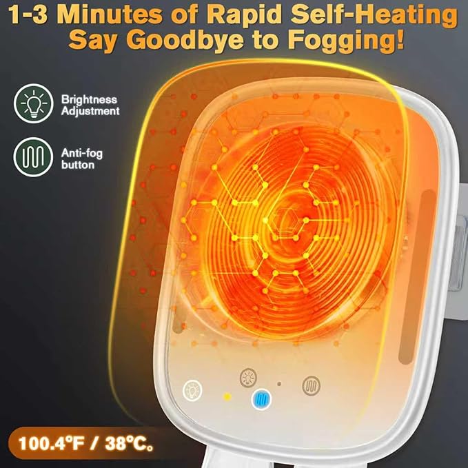 Heated Shower Mirror Fogless for Shaving with Light, Rechargeable Battery, Detachable Adhesive Hook & Razor Holder, NO-Drilling Waterproof Anti-Fog Mirror, Gift for Men(White)