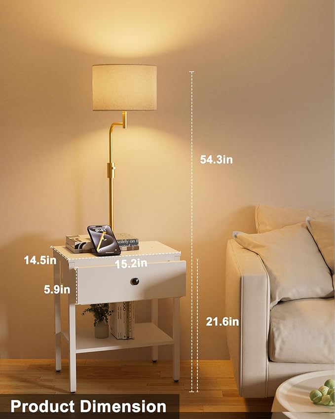 Lightdot 58IN Floor Lamps with End Table Attached, Dimmable Floor Lamp Side Table with Drawers& Bulb Included, 350° Rotatable Modern Standing Lamps for Bedroom/Sofa Beside/Corner Decor-White