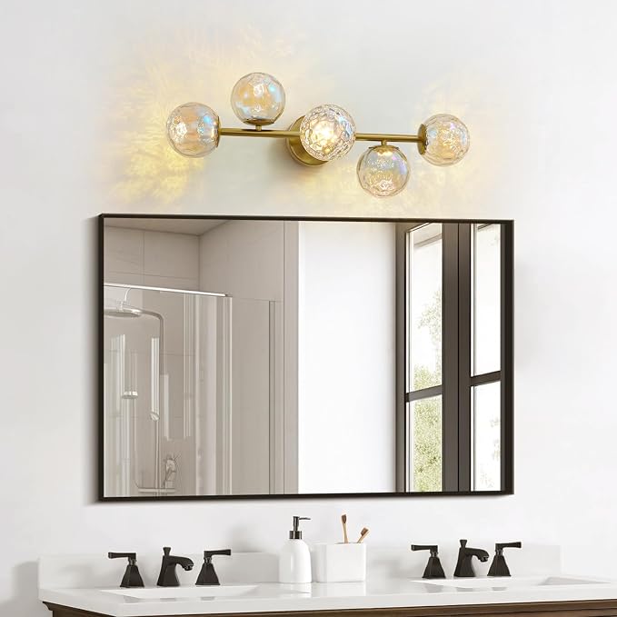 Brushed Gold LED Stained Hammered Glass Globe Bathroom Vanity Light | Colorful Water Ripple Light Effect, Decorative Stained Hammered Glass, Brushed Gold Finish, Built-In LED Source, mcm design