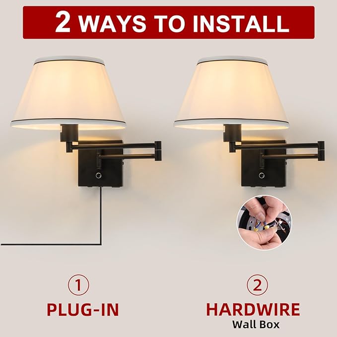 Swing Arm Wall Lamp,17”Wall Sconce Plug in with Type-C and USB Port,Dimmable Switch,Bedroom Wall Light Fixtures,Bedside Reading Lamp,White Shade Black Finish.
