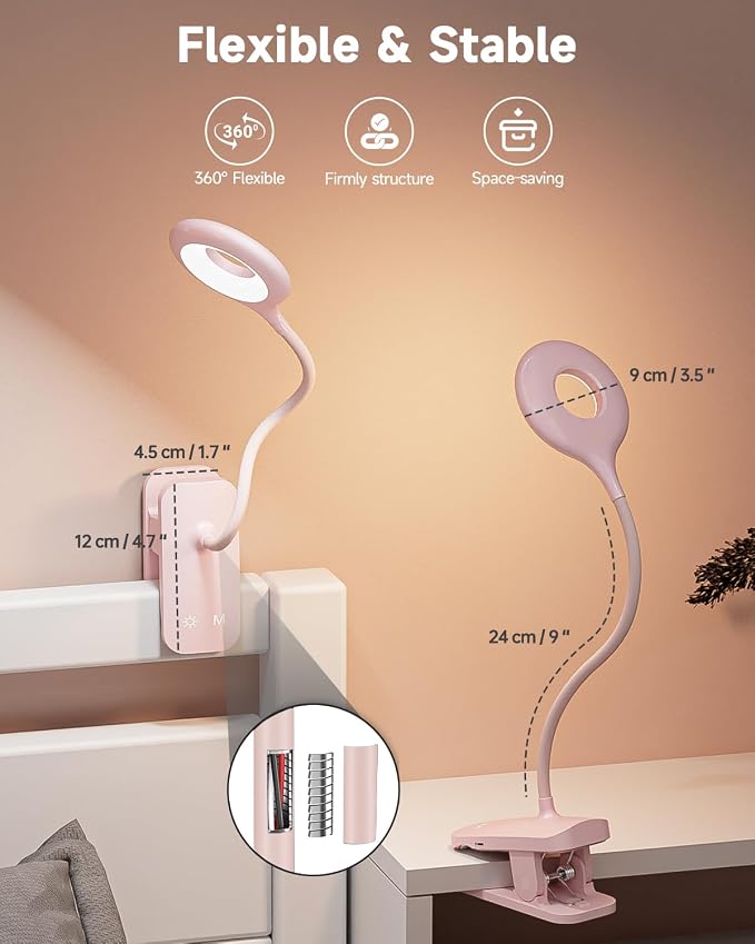 CUHIOY Rechargeable Clip on Reading Light for Bed Headboard, Pink, 1 Pack | Large Clamp Flexible Neck, Battery Desk Lamp, 5 Color 5 Brightness Touch Control, Flicker-Free LED Bedside Night Light