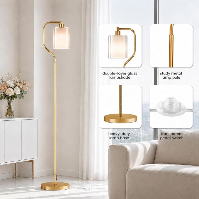 Dimmable Gold Floor Lamp with Double Glass Shade | Modern Floor Lamp with Remote & Foot Switch, 3 Color Temperatures, 9W Bulb, Corner lamp for Home Decor, Living Room, Bedroom