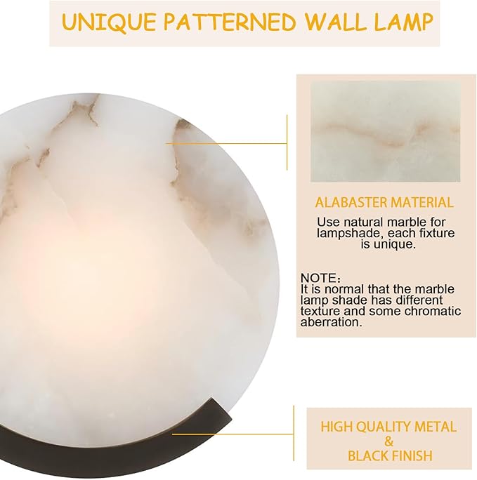 1-Light Black Modern Wall Sconces for Bedroom, Round Sconce Wall Light Fixture for Bathroom, Alabaster Sconce Lighting for Living Room, 1 Pack