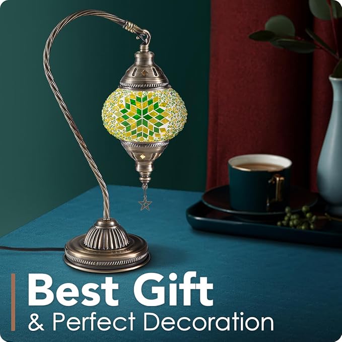 Yarra-Decor Turkish Moroccan Lamp with Bronze Base 3 Color Options Handmade Swan Neck Mosaic Glass Bedside Lamps for Bedroom (LED Bulb Included)(Green2)