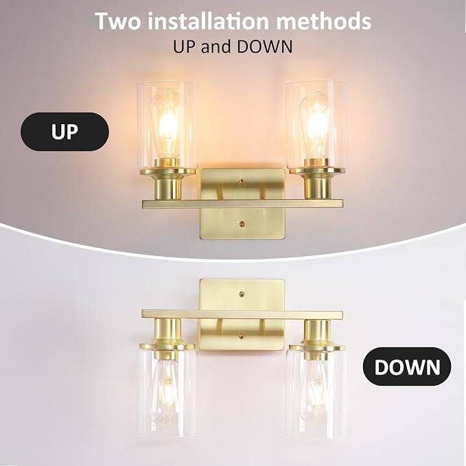 2-Light Gold Bathroom Vanity Light,Brushed Gold Bathroom Light Fixtures Over Mirror with Clear Glass Shade,Modern Wall Sconces Lighting for Kitchen Living Room Cabinet Hallway