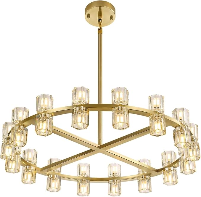Dia 32" Gold Wagon Wheel Chandelier, 32-Lights Farmhouse Pendant Light Fixture, Round Rustic Hanging Lighting for Dining Room Kitchen Island Foyer Entryway