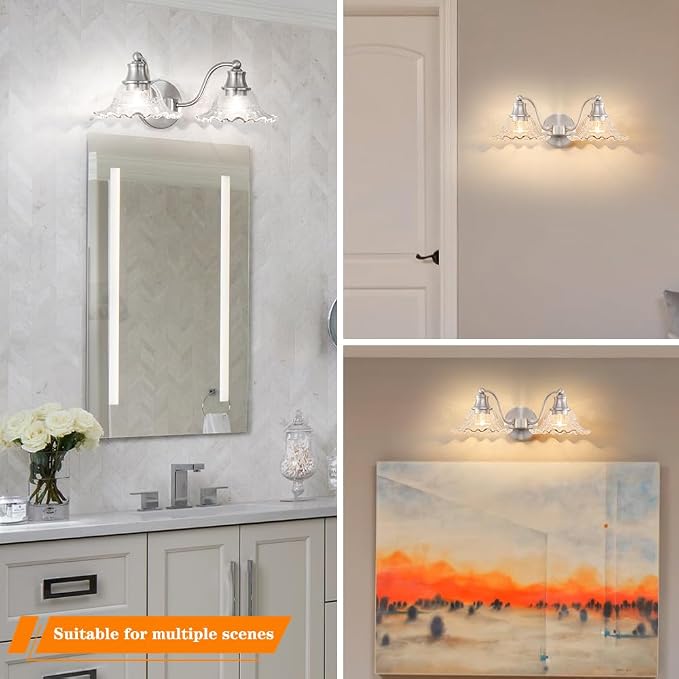 Brushed Nickel Bathroom Vanity Light Fixture Vintage, E26 Easy Mounted | Vanity Light with Flower Glass Shades, 18" Wide Bathroom Lighting Over Mirror, Easy Mounted for Bathroom, Bedroom, Hallway