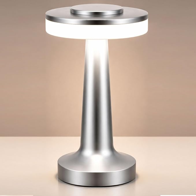 Riakrum 1 Pcs Sliver LED Portable Cordless Table Lamp Bulk with Touch Sensor 3 Color Stepless Dimming Rechargeable Battery up to 15 Hours Cordless Table Light Wireless Lamp Wedding Home